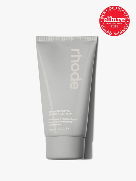 Rhode Barrier Butter gray tube on light gray background with red Allure Best of Beauty seal in the top right corner