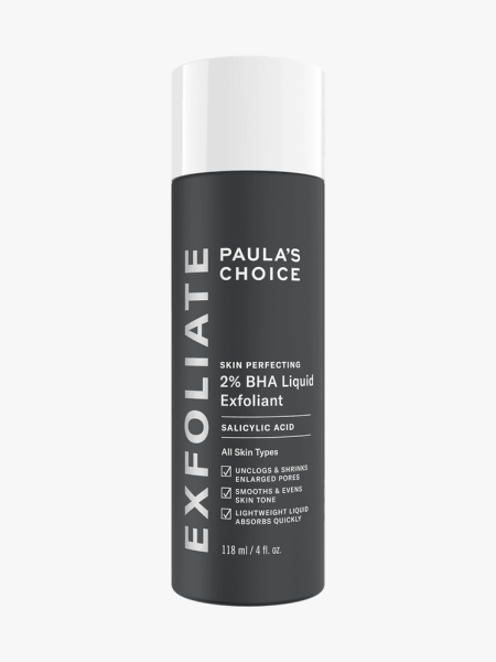 Grey Paula's Choice Skin Perfecting 2% BHA Liquid Exfoliant bottle with white cap on light gray background